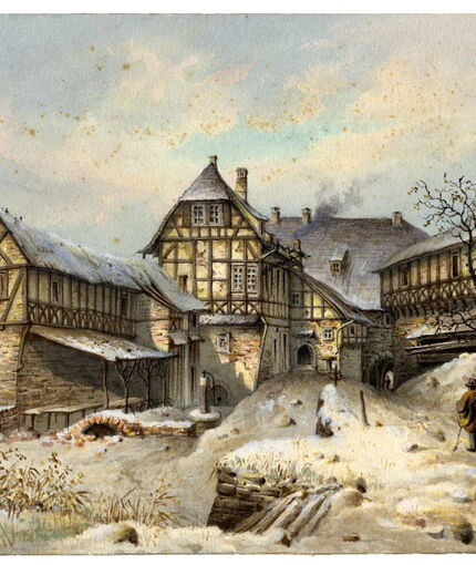 Der erste Burghof der Wartburg im Winter, Carl Julius von Leypold, vor 1840, Aquarell