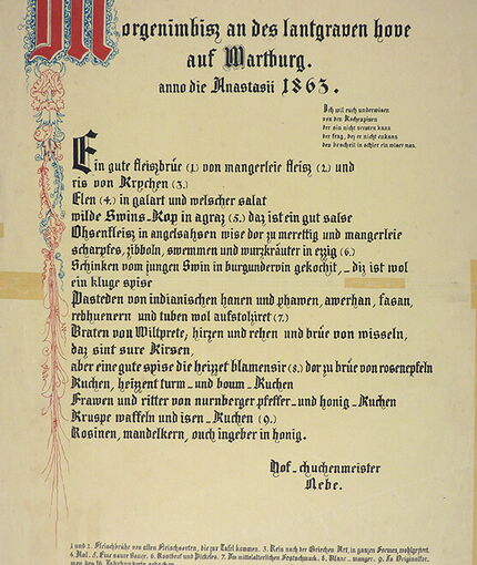 Abb. 1: Menükarte aus dem Jahr 1863: „Morgenimbisz an des lantgraven hove auf Wartburg“