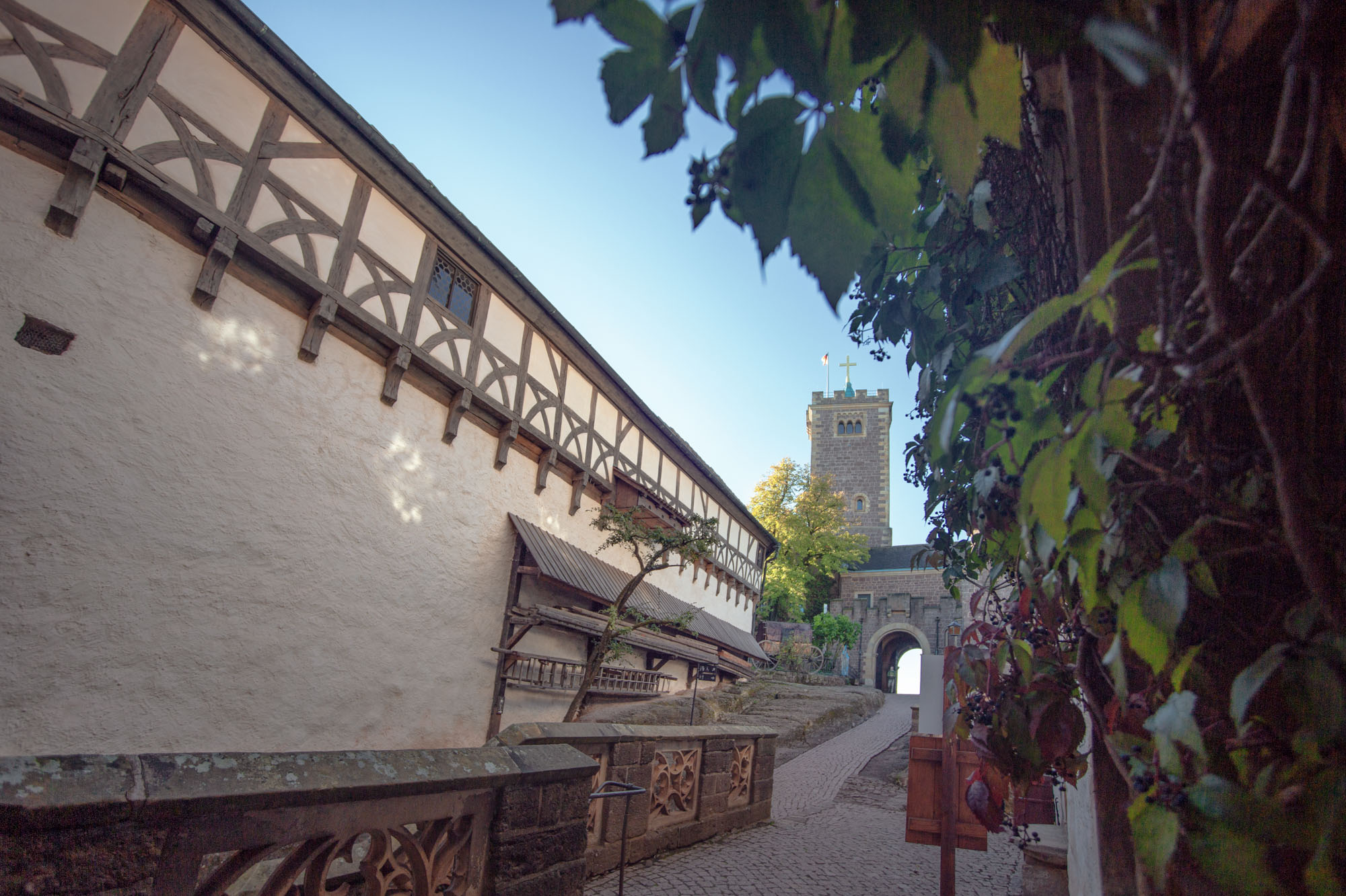 Vorburg der Wartburg mit dem Elisabethengang und seinem markanten Fachwerk.